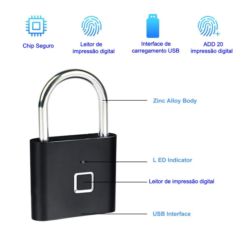 Sua digital na sua chave, Cadeado inteligente, Carregamento USB, Fechadura de impressão digital, Cadeado Anti-Roubo portátil, Bloqueio da porta impermeável