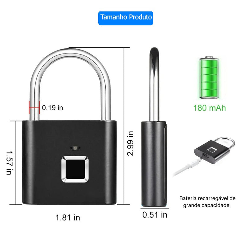 Sua digital na sua chave, Cadeado inteligente, Carregamento USB, Fechadura de impressão digital, Cadeado Anti-Roubo portátil, Bloqueio da porta impermeável